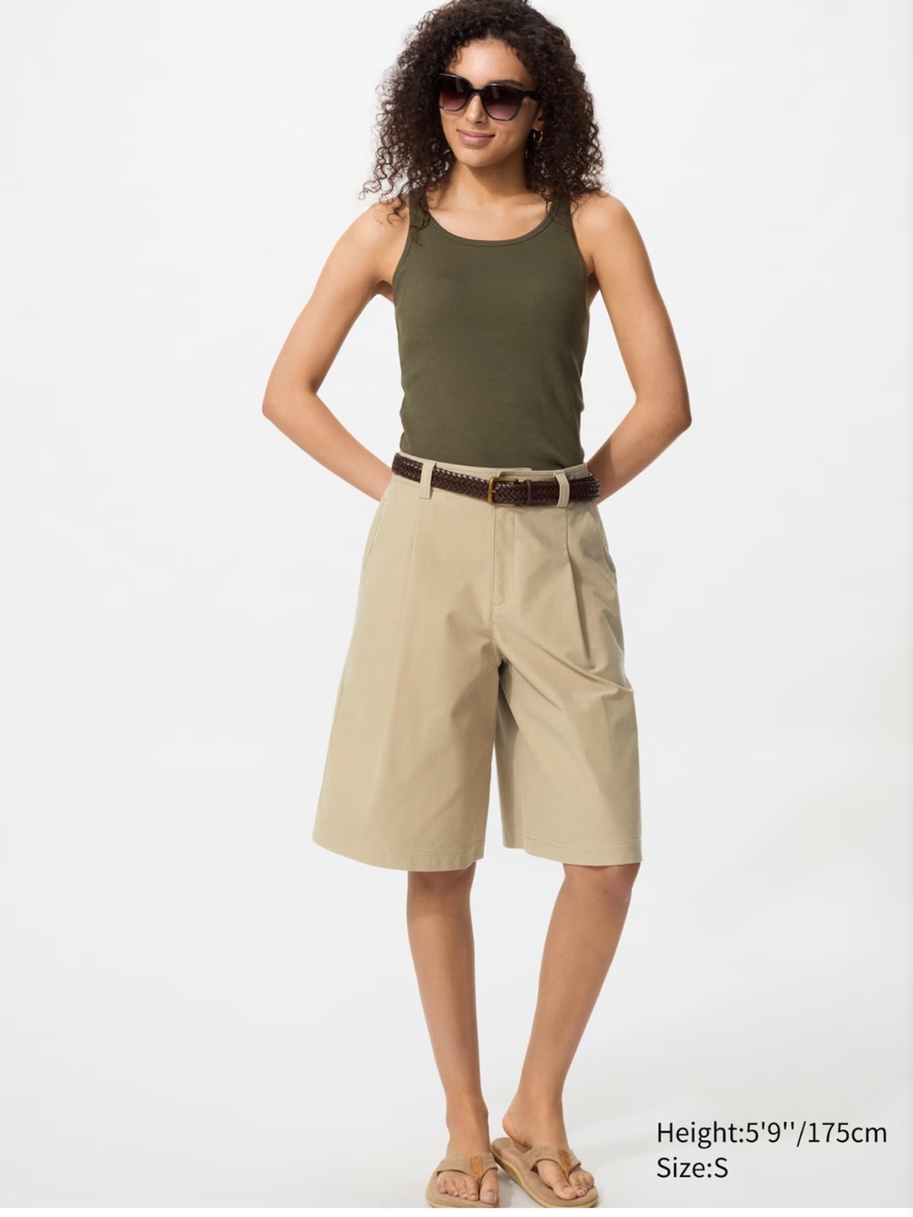 Classic High-Waist Pleated Bermuda Shorts in Khaki